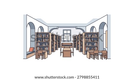 A clean and organized vector illustration of a contemporary library featuring tall bookshelves filled with books, study tables, chairs, and arched windows for natural lighting.