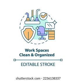 Clean and organized work spaces concept icon. Avoiding occupational accidents tip abstract idea thin line illustration. Isolated outline drawing. Editable stroke. Arial, Myriad Pro-Bold fonts used