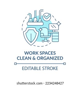 Clean and organized work spaces turquoise concept icon. Avoiding worker injuries tip abstract idea thin line illustration. Isolated outline drawing. Editable stroke. Arial, Myriad Pro-Bold fonts used