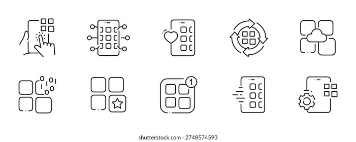 Clean outline app icon set for mobile UI: widgets, grids, launcher, install, update, notifications, cloud sync, settings, tap, touch, editable