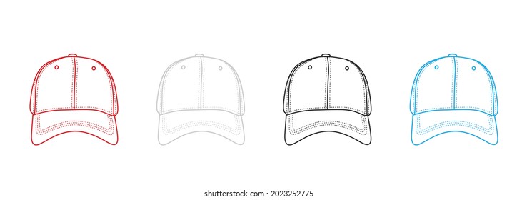 Ilustración de cuatro conjuntos de colores de la tapa de béisbol de contorno limpio. Burlarse.