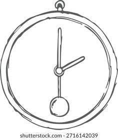 Esquema limpio de un reloj de pared circular con un péndulo colgante en la parte inferior.