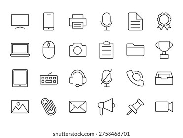 Clean outline collection featuring essential technology devices including computer mobile laptop camera printer and accessories suitable for digital projects presentations and modern interfaces