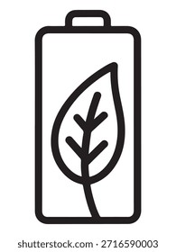 Um design de contorno limpo com uma forma de bateria com uma silhueta de folha proeminentemente exibida dentro de sua estrutura, simbolizando energia verde.