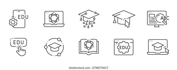 Clean outline education technology icons for elearning: graduation, laptop, mobile, cloud, AI, courses, students, webinars, dashboards, analytics, editable stroke set