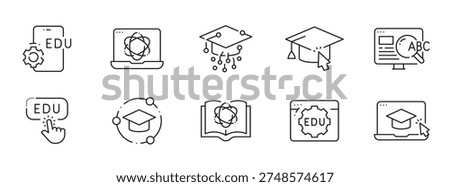 Clean outline education technology icons for elearning: graduation, laptop, mobile, cloud, AI, courses, students, webinars, dashboards, analytics, editable stroke set
