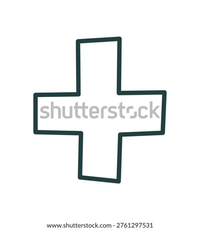 Clean outline firstaid icon in doodle style. Simple camp medical symbol with line art look. Minimal outdoor cross as hiking aid and adventure cue. Dark green stroke on white suits camping maps and