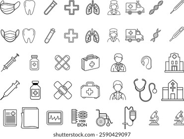 clean outline health care icon set featuring medical tools, equipment, professionals, and facilities. Ideal for medical, pharmaceutical, and healthcare-related designs.

