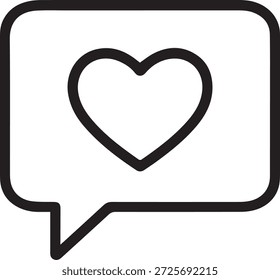 Icono de contorno limpio de una burbuja de chat que contiene un corazón, que simboliza los mensajes emocionales y la comunicación romántica. Vector plano mínimo.