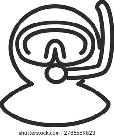 Clean outline icon of a diver wearing scuba goggles and a snorkel mask. Symbolizes ocean diving, water sports, marine exploration, and tourism app avatars with adjustable line weight features.