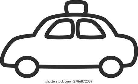 Clean outline icon featuring a city passenger car with a top roof sign cap. Ideal for urban taxi cab booking applications, public commuter transport services, airport shuttle dispatch systems, automotive rental marketplace, and ride-hailing vehicle operations.