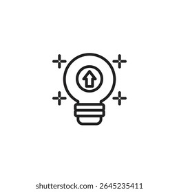 A clean outline icon of a lightbulb with an upward arrow inside, surrounded by four small plus signs, representing ideas, innovation, growth, or positive development.