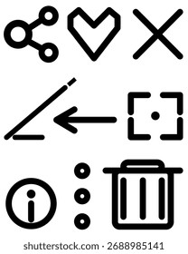 A clean outline icon set featuring essential interface symbols Share, Favorite, Edit, Delete, More, Back, Details, Lens, and Cancel icons, Perfect for mobile apps, websites and UI–UX projects.