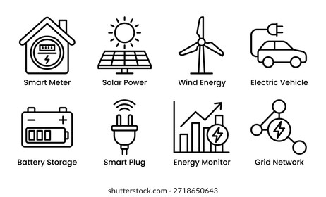 Conjunto de iconos de contorno limpio con medidor inteligente, energía solar, energía eólica, vehículo eléctrico, almacenamiento de batería, enchufe inteligente, monitor de energía y red. Ideal para proyectos de energía, IoT y sostenibilidad.