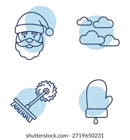 Un conjunto de iconos de contorno limpio con Santa Claus, nubes de Clima esponjosas, un cepillo de limpieza rotativo o fregador, y una manopla de invierno acogedora con una gotita derretida. Perfecto para vacaciones, Clima y diseños de servicio.