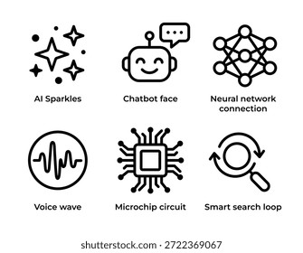 A clean outline icon set featuring artificial intelligence symbols: chatbot, neural network, microchip, and voice wave. Perfect for tech projects and apps.