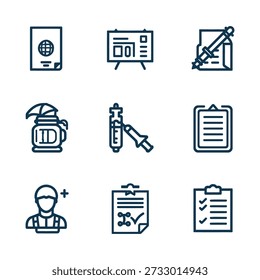 Symbolsatz für saubere Umrisse mit Bildungstools, Dokumenten, Checkliste, Studentenprofil und Studienelementen. Ideal für Projekte in den Bereichen Schule, Büro, Planung und Produktivitätsdesign.