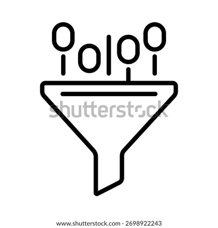 A clean outline icon showing a filtering funnel with various elements passing through the top opening, symbolizing sorting data, lead generation, or process refinement.
