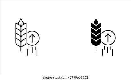 Clean outline icon showing a wheat stalk with an upward arrow representing agricultural growth, productivity, sustainability, and farming development.	
