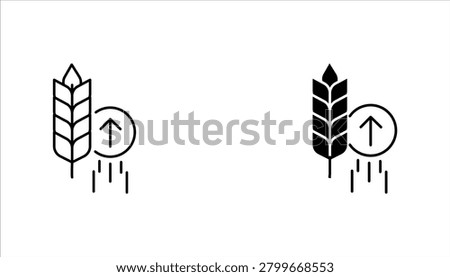 Clean outline icon showing a wheat stalk with an upward arrow representing agricultural growth, productivity, sustainability, and farming development.	
