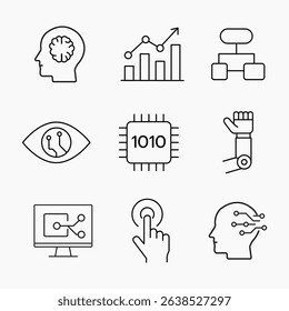 Clean outline icons of artificial intelligence, robotics, automation and digital interfaces, ideal for tech, UI and innovation themed designs, vector illustration