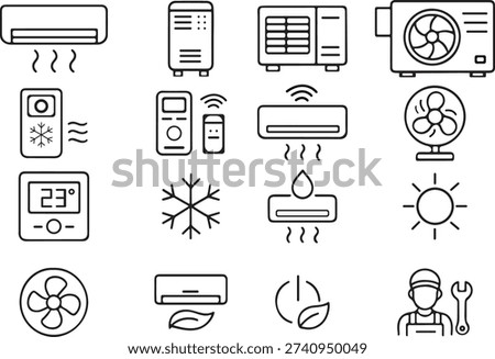 Clean outline icons set featuring various air conditioner types and components for hvac design