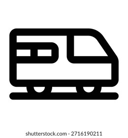 Ilustración de contorno limpio de un tren con trazos negros en negrita. Adecuado para el transporte ferroviario, sistemas de viaje, conceptos de desplazamiento e interfaces de navegación o movilidad.