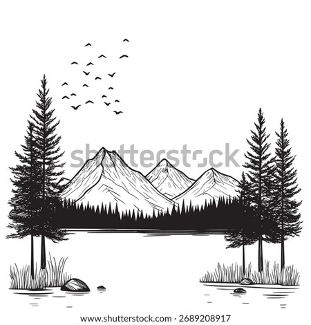 clean outline line art vector illustration of breathtaking landscapes for photography