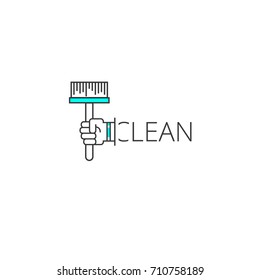 Clean outline logo icon. Hand holding broom symbol. Vector Logotype applicable for cleaning company, purification, sanitation, sterilization, washing services, house holding classes