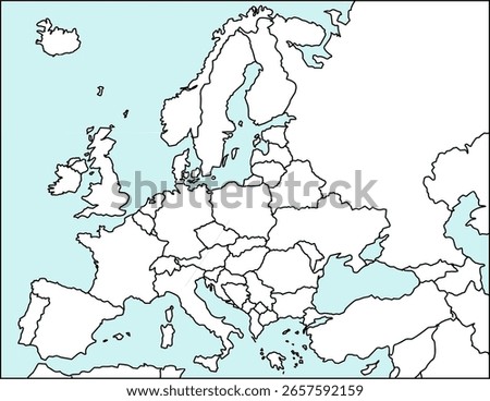 Clean outline map of Europe including its European Russian part, without labels. Ideal for versatile geographic and educational projects.

