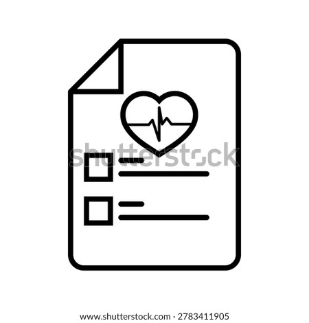 Clean outline medical checklist document icon featuring heart pulse symbol for healthcare records, medical forms, patient checklists, and hospital administration projects.	
