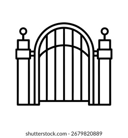 Sauberer Umriss eines Sicherheitstors auf weißem Hintergrund, minimale Vektorlinienkunst perfekt für Sicherheit, Architektur, Eingang, Logo, Symbol und Designgebrauch.