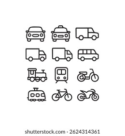A clean outline set of various vehicles and traffic symbols—great for transport apps, maps, or children's illustrations.