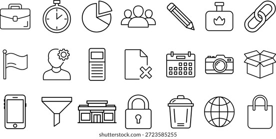 Conjunto de iconos de Vector de contorno limpio con símbolos de interfaz de negocio, oficina y usuario. Incluye maletín, gráfico, equipo, lápiz, documento, calendario, cámara, cerradura, teléfono móvil, embudo, globo y bolso de compras iconos. Ideal para Diseño web, aplicaciones móviles, dashboards, presentaciones, infografías y branding corporativo. Iconos vectoriales escalables completamente editables aislados sobre fondo blanco, adecuados para proyectos modernos de interfaz de usuario y UX.