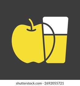 Un Vector de contorno limpio sobre fondo oscuro de un vaso de jugo de manzana junto a una manzana fresca. Este diseño es perfecto para temas de alimentación saludable, alimentos orgánicos y cosecha de otoño.