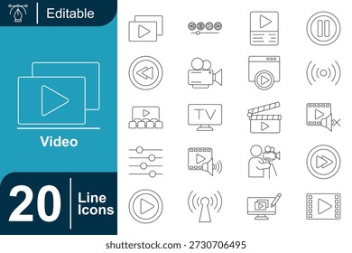 Conjunto de iconos de contorno limpio con controles de reproducción, transmisión, grabación, pantallas de medios y conceptos de transmisión. Diseñado con trazos finos para interfaces, paneles, presentaciones y proyectos de medios de Web.