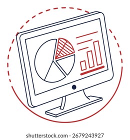Eine saubere, skizzierte Grafik eines Computers, der ein Tortendiagramm anzeigt, das Datenanalyse und Technologie darstellt.