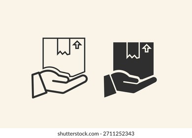 Icono de una caja de entrega sostenida por una mano, que representa los conceptos de envío, logística y manejo de paquetes.