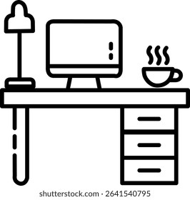 Clean outlined icon of a desk with lamp and coffee cup. Great for home office apps, time trackers, or lifestyle blogs.