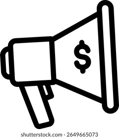 Clean outlined icon of a megaphone with a coin symbol