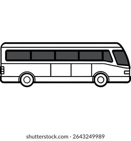 A clean, outlined illustration features a black and white passenger bus in side view. The vehicle is depicted with large wheels, suitable for various transportation needs. 