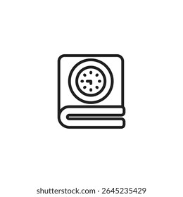 A clean, outline-style icon featuring a square device with a circular, dotted interface, resembling a smart doorbell or security camera, placed atop a curved line element.