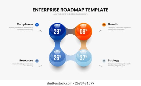 Clean Overview Slideshow Design Vector Illustration. Company Solution 4 Option Chart Slide Layout. Sales Showcase Four Element Diagram Frame Template.
