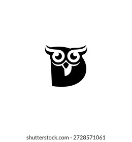 Ein sauberer Eulekopf, der einen fetten Buchstaben des Alphabets D bildet. Scharfe Augen, glatte Linien und moderner Monogrammstil. Ideal für Branding, Icons, digitale Identität und elegante minimale Vektorkonzepte.