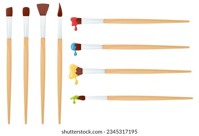 Clean paint brush and with paints on its. School supply isolated on white.	