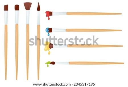 Clean paint brush and with paints on its. School supply isolated on white.	