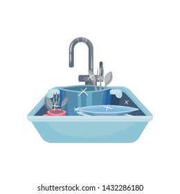Clean pans, mugs and cutlery in the sink. Vector illustration on white background.