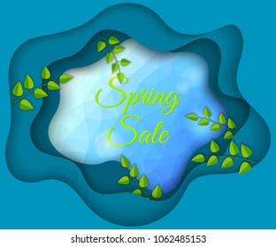 Clean paper cut background for Spring Sale promotional banner,wavy layered texture with polygonal backdrop and green leaves.