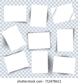 Clean paper sheets. White pages collection with shadows on transparent background.
