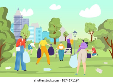 Clean up park from garbage, vector illustration. City environment ecology, volunteer community work with flat trash at nature. Woman man character tidy up cartoon rubbish together concept.